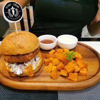 Tonkatsu burger with sweet potatoes at Plant-erian in Krabi