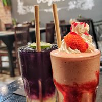 Strawberry cheesecake shake and pea flower tea. So good! at Plant-erian in Krabi