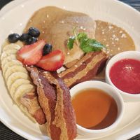 Pancakes with fruits and "bacon" at Plant-erian in Krabi