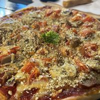 Italian pizza (in the background a couple leftover Chofu (chickpea tofu) fries, very good!)  at Plant-erian in Krabi
