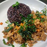 Basil with soy protein and rice at Plant-erian in Krabi