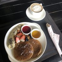 Pancakes and cappuccino  at Plant-erian in Krabi