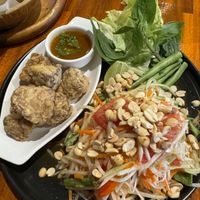 Papaya salad and V nuggets (mushrooms)  at Plant-erian in Krabi