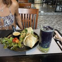 Ceasar wrap and butterfly pea matcha  at Plant-erian in Krabi
