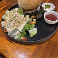 Tonkatsu burger with salad  at Plant-erian in Krabi