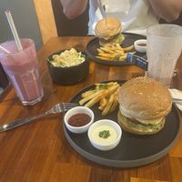 V protein burgers and strawberries smoothies  at Plant-erian in Krabi