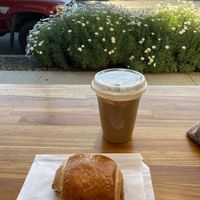 Chocolate crossaint (not vegan) and june bug lavender latte with oat milk (vegan)!  at Dart in Santa Barbara