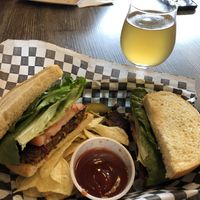 Bean burger on sourdough with earl grey lavender kombucha   at Fall Street Brewing in Seneca Falls