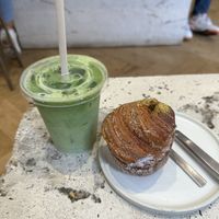 Ice matcha latte + pistacchio cruffin  at Saint-Jean in Amsterdam