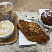 Iced latte, cappuccino, pistachio croissant & chocolate hazelnut croissant  at Saint-Jean in Amsterdam