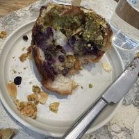 Inside of the pistachio almond blueberry cruffinn  at Saint-Jean in Amsterdam