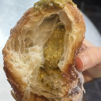 Interior of pistachio cruffin  at Saint-Jean in Amsterdam