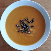Fragrant squash soup with homemade vegan cream and roasted seeds at WeVegan in Ballincollig