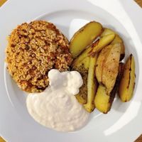 Carrot cake loaded with millet, potato wedges, garlic-bean sauce at WeVegan in Ballincollig