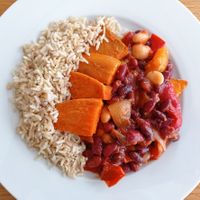 Plant-based chili with spicy sweet potatoes and brown rice at WeVegan in Ballincollig