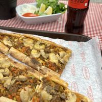 Vegan pide with cubed soya meat and mushrooms  at Çinili Taş Fırın in Istanbul