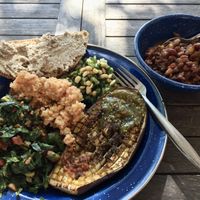 Roasted eggplants and alll the salads and sides! at Volcan Laguna  in Santa Maria Del Oro