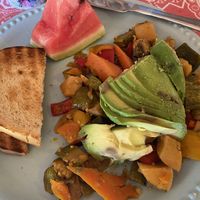 Veggie hash with subbed avocado for the eggs/cheese at Turtle Bay Cafe and Bakery in Akumal