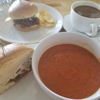 pulled-oat "pork" sandwich with tomato basil soup and decaf espresso at The Mercury Café in New Castle