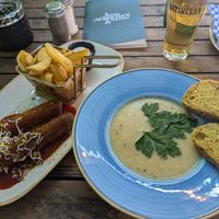 vegan currywurst, potato soup at Altes Mädchen in Hamburg