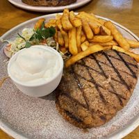 Vegan steak! I got vegan aioli with my chips and salad😄  at Banana Bender Pub in Palmview