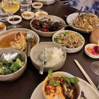 Banquet mains (the dishes on the far side aren’t vegan) at Southside in South Brisbane