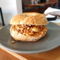 Peanut butter, banana and maple syrup bagel at Jacks Bagels  in Jeffreys Bay