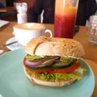Vegan bagel with all the toppings at Jacks Bagels  in Jeffreys Bay