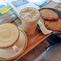 Oat latte, oat iced latte and vegan coconut and oat cookies at Cafe ROST in Winchester