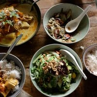 Jungle curry, Mekong greens, rice, Dong salad (and my bowl hahaha) at You Hanoi Me in Christchurch
