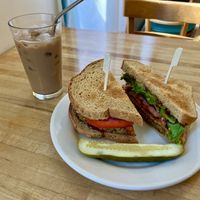 Vegan bacon cheeseburger + iced latte w/ soy  at Wild Chestnut Cafe in Florence