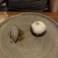 Nigella sorbet and crumble, some sweey chewy filled bun  at Rotonde in Rotterdam