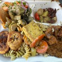 Another amazing plate!   Mock chicken with a little taste of the curry tofu.   Delicious!!  at Lisa's in St Croix