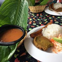 Bean soup, platano, falafel and rice  at Berracas de la 13 in Medellin