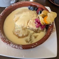 Crumble with vegan custard at Cafe Roya in Beeston