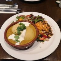Lentil Dahl with steamed idli and five different kinds of salad at Cafe Roya in Beeston