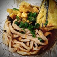 Tempura and homemade noodles made by Osamu using rye flour. at haha vegan Ryokan in Beechworth
