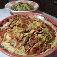 Yummy spaghetti with two types of sauces: tomato + mushrooms, and a white sauce with mushrooms. at haha vegan Ryokan in Beechworth