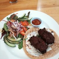 Homemade Beetroot Koftas on a Chapati with Coconut yoghurt, Sweet chilli chutney and salad at The Wineport in Isle Of Arran