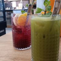 Cherry and matcha drinks, really good at Mamafood in Prague