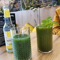 Matcha ginger and mint drink & homemade matcha elderberry drink at Mamafood in Prague
