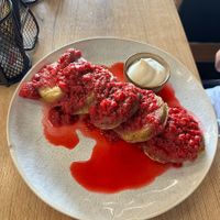 Raspberry pancakes at Mamafood in Prague