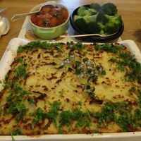 Mushroom and lentil pie with lemon thyme, sides of aubergine in tomatoes and steamed broccoli  at Vegan Lakeland Living in Cockermouth
