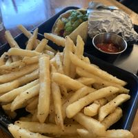Korean jackfruit sandwich on a pita with fries  at Burgundian in Attleboro