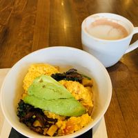 Breakfast bowl with hot chocolate at Red Emma's Bookstore Coffeehouse in Baltimore