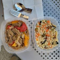 Seitan with onions and peppers; arroz with veggies at Veggie Sue's in Salamanca