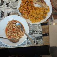 Paella and tortilla de patatas, a beanstew and pasta with olives at Veggie Sue's in Salamanca
