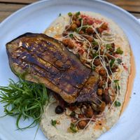 Hummus with egg plant and toasted garbanzos at Mudra Express in Buenos Aires
