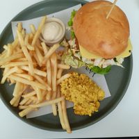 Chick'n katsu burger, fries, aioli, scanned tofu at Dicki's in Ascot