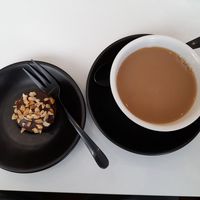 Choc peanut protein ball, pot of English Breakfast tea, soy milk at Dicki's in Ascot